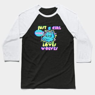 Just A Girl Who Loves Wolves Vaporwave 80s Vibe Party Wolf vaporwave Baseball T-Shirt